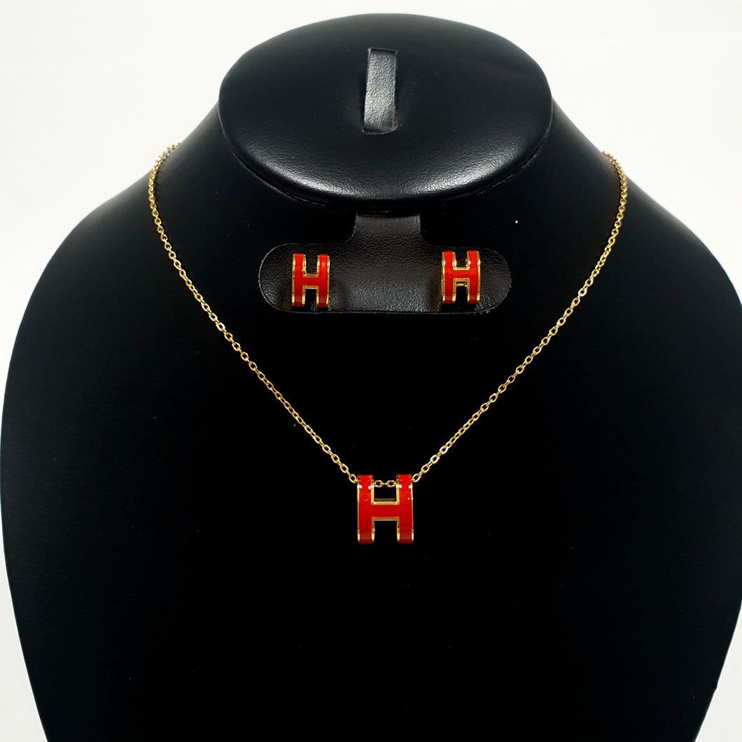 Juego Hermes Pop Collar y Aretes (Dorado con Rojo)